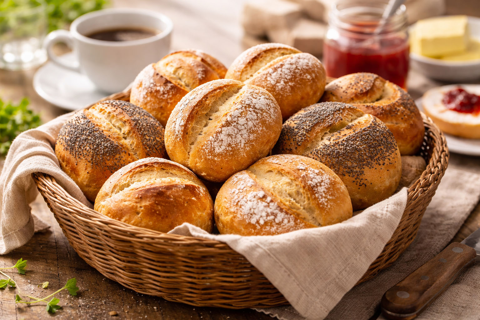 Korb voller frischer knuspriger Brötchen
