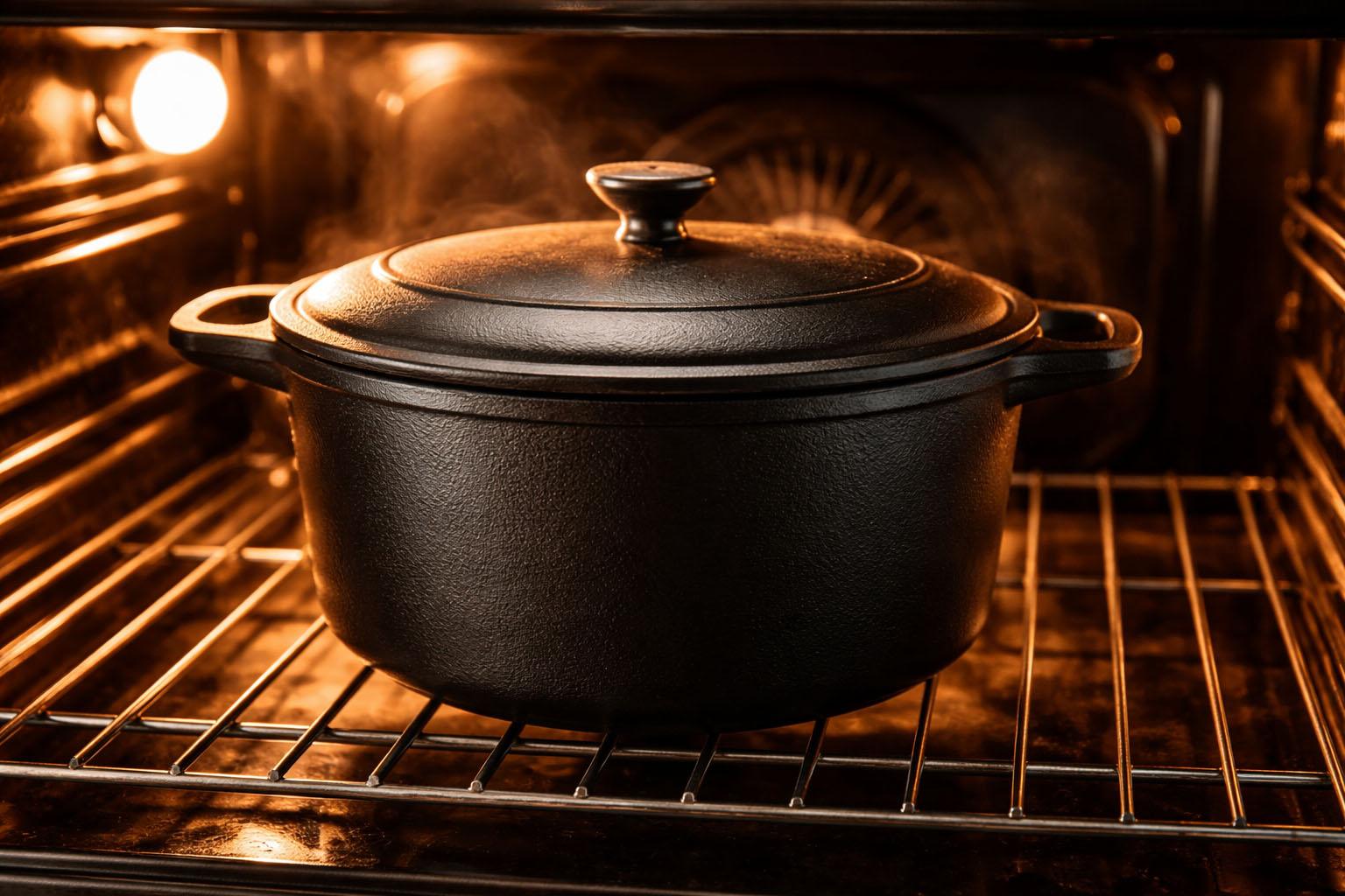 Heißer Gusseisentopf im Ofen