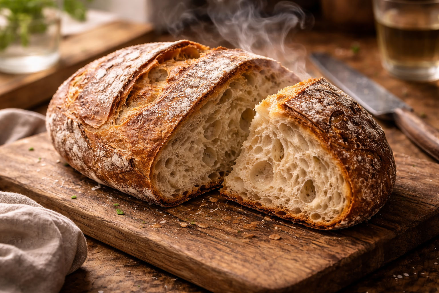 Frisch gebackenes, dampfendes Sauerteigbrot auf Holzbrett