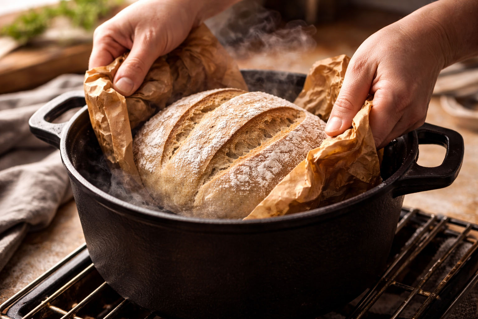 Teig mit Backpapier in Topf heben
