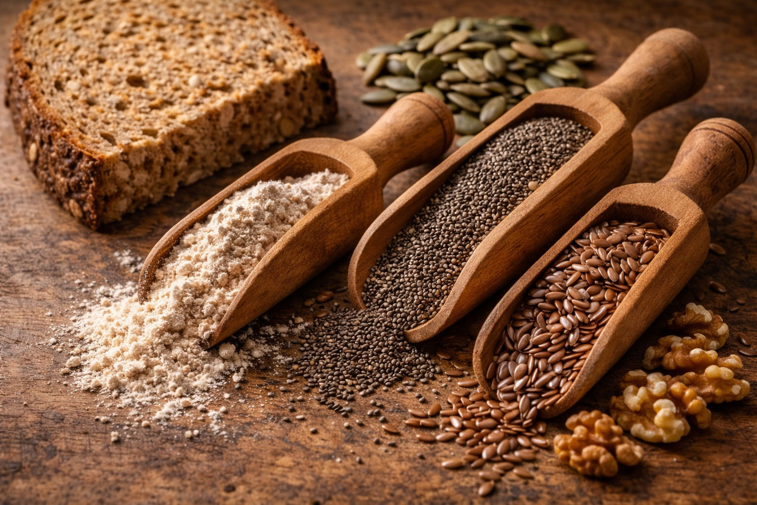Gesunde Backzutaten: Vollkornmehl, Samen und Nüsse